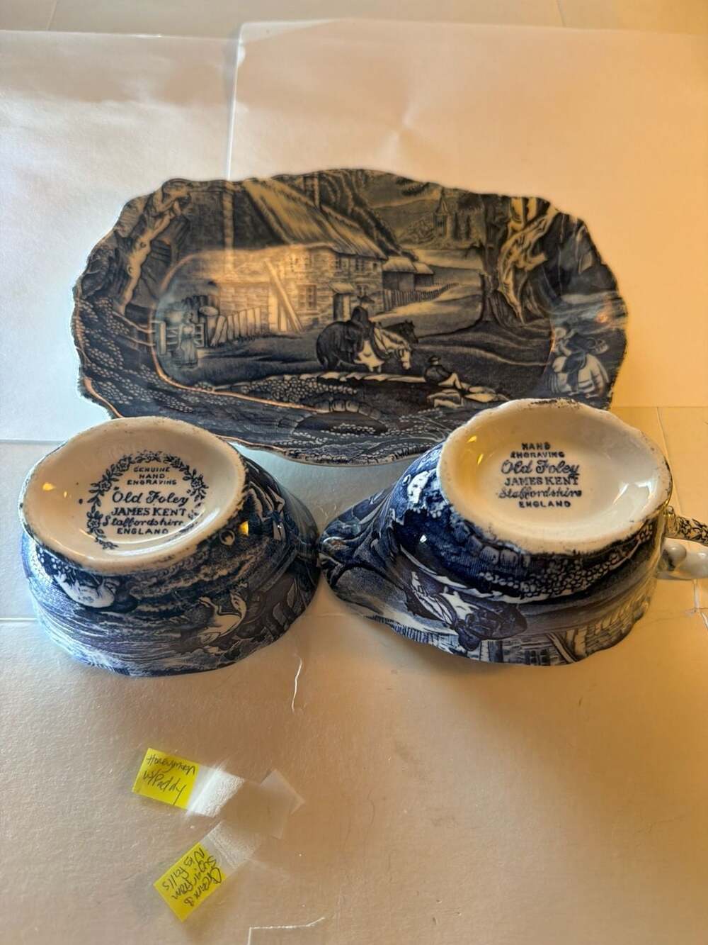 James Kent Old Foley Blue and White Rural Scenes Creamer, Sugar Bowl, and Tray S